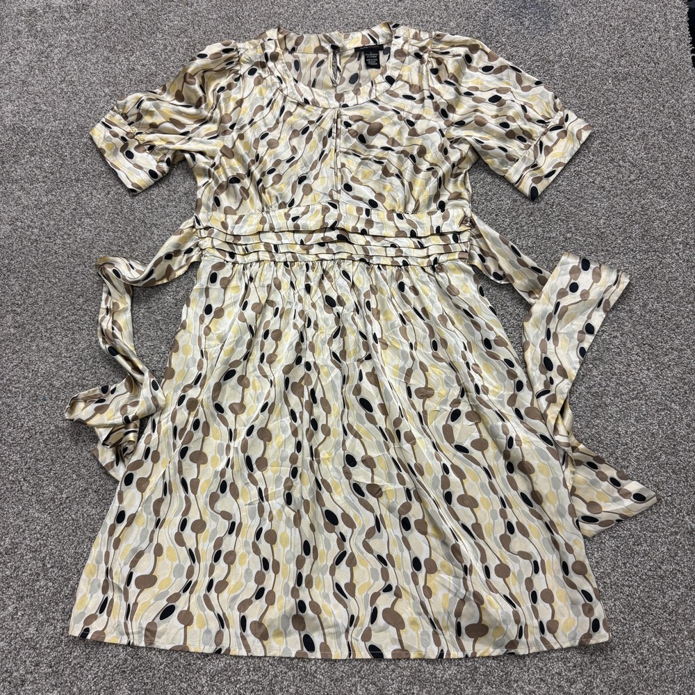BCBGMAXAZRIA Dress Womens L Beige Geometric Half Sleeve Belted Satin A-Line